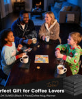 Keep Your Coffee Tea And Cocoa Toasty With This Slick Black Four Pack Electric Cup Heater Boasting Three Custom Heat Levels And A Universal Mug Fit That Slides Right Into Every Office Or Home. Family enjoying warm drinks around a table with electric cup heaters.