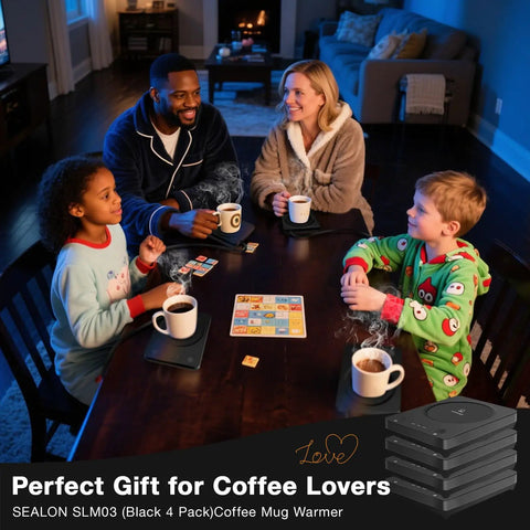 Keep Your Coffee Tea And Cocoa Toasty With This Slick Black Four Pack Electric Cup Heater Boasting Three Custom Heat Levels And A Universal Mug Fit That Slides Right Into Every Office Or Home. Family enjoying warm drinks around a table with electric cup heaters.