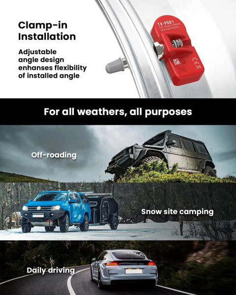 Preprogrammed Tpm Tire Pressure Sensors 315Mhz 4 Pack Clamp In Style displayed on various vehicles for off-roading, snow camping, and daily driving.