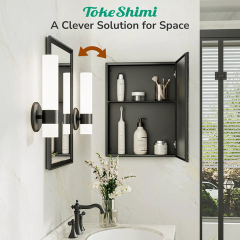 Sleek Black Recessed Medicine Cabinet With Mirror Premium Beveled Aluminum Frame 14 By 18 Inches showing adjustable shelving and toiletries.