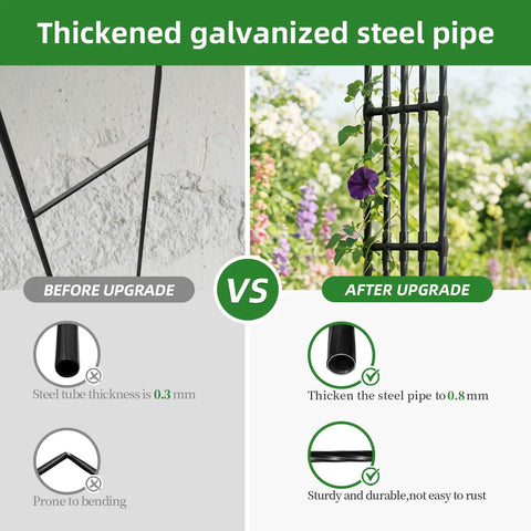 Comparison of the Ultra Wide Garden Arch Trellis 11.75ft By 8.53ft Sturdy Metal Outdoor Arbor with thickened steel pipe before and after upgrade