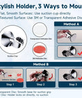 Handheld Shower Head Holder With Dual Angle Positions And Strong Wall Suction Bracket Includes Adhesive 3M Disc infographic