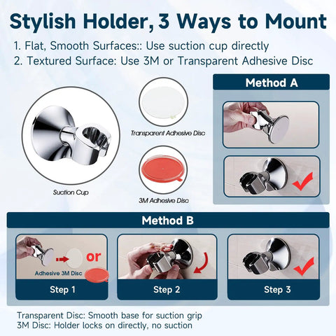 Handheld Shower Head Holder With Dual Angle Positions And Strong Wall Suction Bracket Includes Adhesive 3M Disc infographic