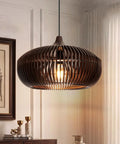 Arturesthome 1-Light Wooden Pendant Light Ceiling Hanging Light for Kitchen, espresso finish with wooden slats, mid-century design.