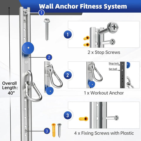 Built Tough Adjustable Resistance Band Wall Anchor Mount System parts layout with steel bracket, screws, and workout anchor.