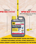 MP90 ECO Xtreme Natural Look Stone Sealer And Stain Protector For All Natural Stone And Polished Porcelain Tile Grout Eco Friendly Water Based Hydrocarbon Solvent Free LEED Friendly 1 Qt bottle showing protection difference