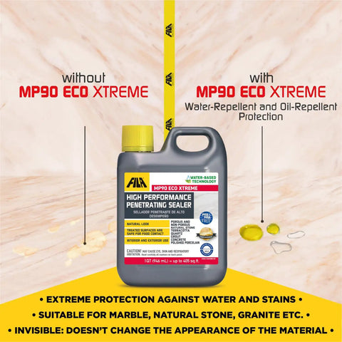 MP90 ECO Xtreme Natural Look Stone Sealer And Stain Protector For All Natural Stone And Polished Porcelain Tile Grout Eco Friendly Water Based Hydrocarbon Solvent Free LEED Friendly 1 Qt bottle showing protection difference