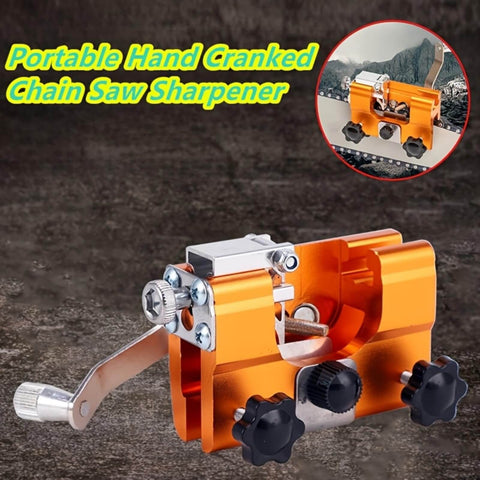 Portable Hand Crank Chainsaw Sharpening Tool With Five Titanium Diamond Bits for quick sharpening, displayed in orange color.