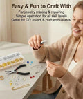 Woman using All In One Jewelry Making Kit With 1200 Pcs Small Open Jump Rings In Gold And Silver Assorted Sizes 4mm 5mm 6mm 8mm 10mm