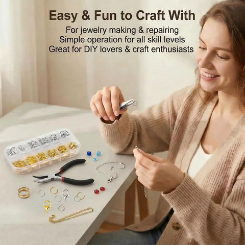 Woman using All In One Jewelry Making Kit With 1200 Pcs Small Open Jump Rings In Gold And Silver Assorted Sizes 4mm 5mm 6mm 8mm 10mm