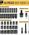 Forty Five Piece One Half Inch Drive Metric Socket Set With Deep And Shallow Sockets Nine Through Thirty Two Millimeters Extensions Three Five Ten Inches Universal Joint And Three Eighths To One Half Inch Adapter Portable Case For Auto Repair displaying sockets and accessories.