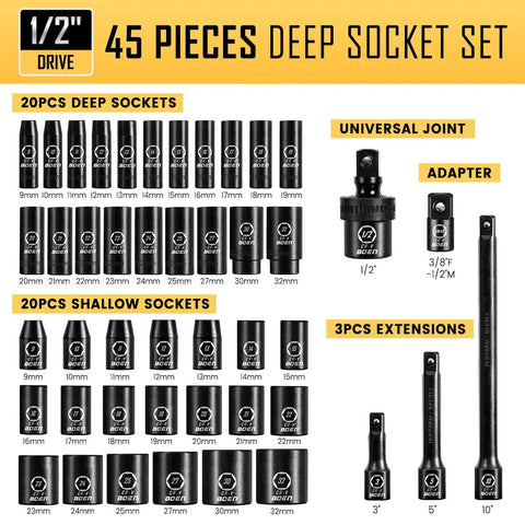 Forty Five Piece One Half Inch Drive Metric Socket Set With Deep And Shallow Sockets Nine Through Thirty Two Millimeters Extensions Three Five Ten Inches Universal Joint And Three Eighths To One Half Inch Adapter Portable Case For Auto Repair displaying sockets and accessories.