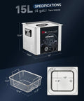 Heavy Duty Ultrasonic Cleaner With Sweep Function And 33khz Frequency dimensions with 15L tank, stainless steel, and mesh basket.