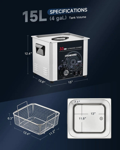 Heavy Duty Ultrasonic Cleaner With Sweep Function And 33khz Frequency dimensions with 15L tank, stainless steel, and mesh basket.
