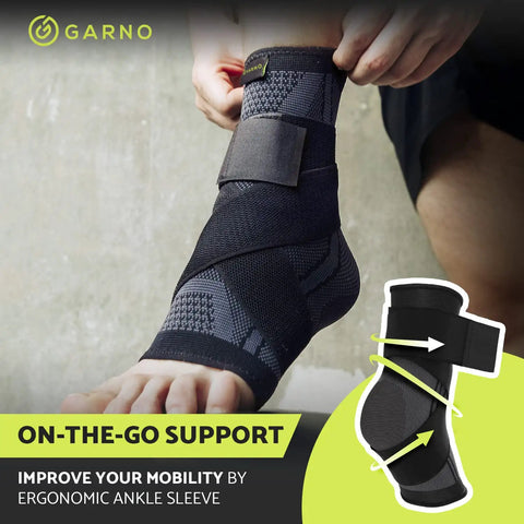 Person wearing 360 Degree Ankle Brace With Adjustable Straps For Men And Women One Size Fits Most Compression Foot Sleeve in black