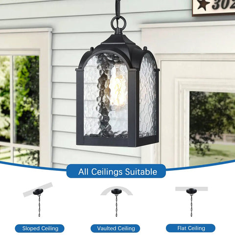Waterproof Outdoor Pendant Light With Adjustable Chain In Black Finish illuminating porch with versatility for ceiling types