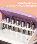 Close-up of 6 Hole Punch For A4 A5 B5 Notebooks And Planners showing metal circle puncher and 8 sheet capacity with marking line.