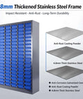 Heavy-Duty Alloy Steel Tool Storage Cabinet With 100 Drawers And Dividers, Nut And Bolt Organizer, 25.8in Long by 8.66in Wide by 46in High, 44.5lb Capacity for Workshop and Garage, Blue with 4.8mm thick stainless steel frame.