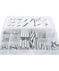 200 Piece Heavy Duty Compression And Extension Springs Assortment Kit With 20 Varied Styles Zinc Plated Steel Set Perfect For Car Mods, DIY Fixes, And Home Repairs In A Handy Storage Box. assorted steel springs in clear plastic organizer