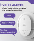 Hardwired Two In One Smoke And Carbon Monoxide Detector With Ten Year Battery Backup, Voice Alerts, Interconnectable LED Warning Indicators, And A Four Pack For Whole Home Safety. Voice alert graphic with Kidde smoke and CO alarm