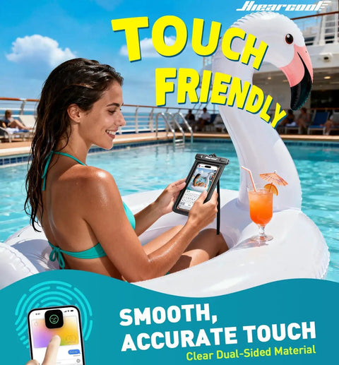 Woman using IPX8 Waterproof Phone Pouch For iPhone 17 16 15 14 Pro Max Cruise Ready Dry Bag With Touchscreen Access on pool float