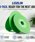 Heavy Duty 4.5 Inch Diamond Blades, 3 Pack Angle Grinder Discs showcasing green diamond cutting blades on marble surface.