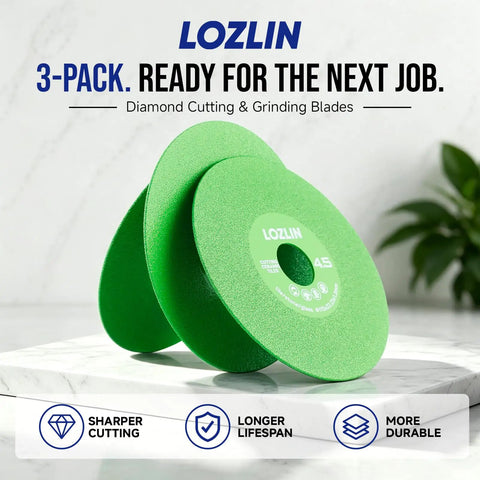 Heavy Duty 4.5 Inch Diamond Blades, 3 Pack Angle Grinder Discs showcasing green diamond cutting blades on marble surface.