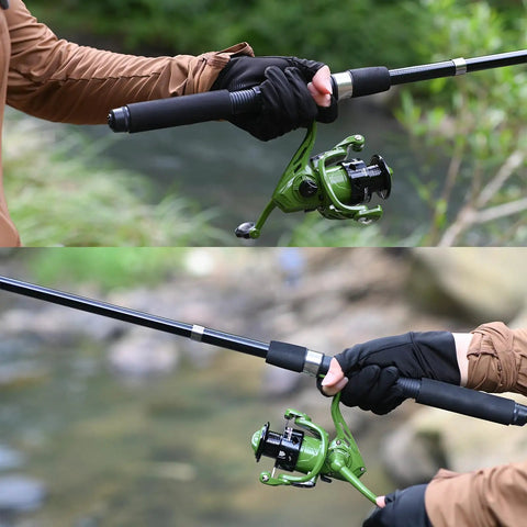 Person holding Go To Telescopic Fishing Pole Combo With Spinning Reels, Travel Ready Kit near water background.