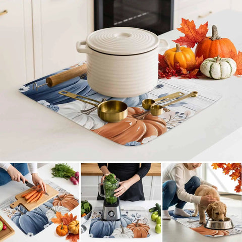Must Have Fall Kitchen Dish Drying Mat Set Two Pack With Blue Pumpkin Pattern Leaves Floral Wood Grain 16 By 18 Inches in use