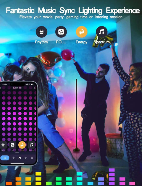 "2 Pack Dope RGBIC LED Floor Lamp With App Control And Remote Smart Floor Lamps Compatible With Alexa And Google Assistant Music Sync Multi Scene Modes Modern Living Room And Bedroom Lighting in a party setting with music sync"
