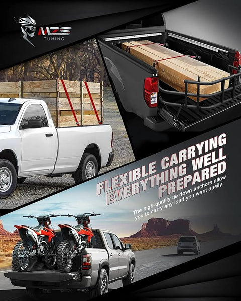 Heavy Duty Retractable Truck Bed Tie Downs Compatible With Silverado And Sierra Pickup Oval Stake Pockets Knockout Cargo Securement Built Tough American Hauling Setup 4 Pack with cargo in truck bed.