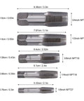 5 Piece NPT Pipe Tap Set In Carbon Steel With Accuracy Ground Threads And Square Shank For Plumbing And Automotive Threading Includes 3/4 1/2 3/8 1/4 And 1/8 Inch Beefy Heavy Duty Tool For Quick Repairs And Long Life. Five carbon steel pipe taps, 3/4 to 1/8 inch, shown with sizes.