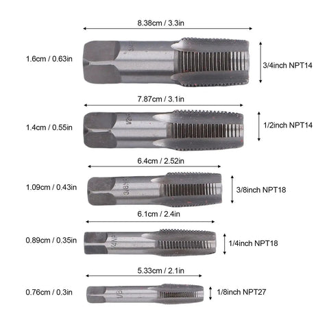 5 Piece NPT Pipe Tap Set In Carbon Steel With Accuracy Ground Threads And Square Shank For Plumbing And Automotive Threading Includes 3/4 1/2 3/8 1/4 And 1/8 Inch Beefy Heavy Duty Tool For Quick Repairs And Long Life. Five carbon steel pipe taps, 3/4 to 1/8 inch, shown with sizes.