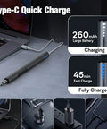 Mini Electric Screwdriver Kit With All In One Precision, Type-C charging next to laptop, charging status icons displayed