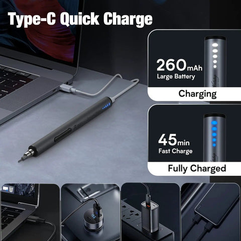 Mini Electric Screwdriver Kit With All In One Precision, Type-C charging next to laptop, charging status icons displayed