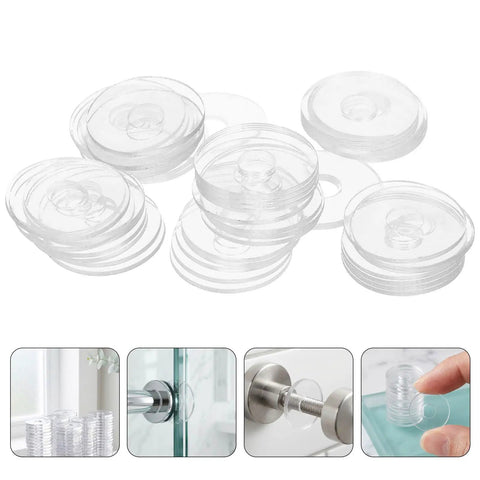 Clear PVC Shower Door Washer Replacement Kit 100 Pack Round Antiscratch Glass Protectors For Handles And Towel Bars Perfect For Glass Door Repair And Towel Bar Replacement Keeps Showers Looking Slick And Leak Free. Clear PVC washers stacked and used on glass shower door hardware.