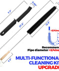 Three Piece Dryer Vent Cleaner Kit with 304 stainless steel bristles, shown with dimensions, lint brush, and flexible crevice tool