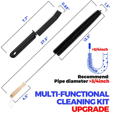 Three Piece Dryer Vent Cleaner Kit with 304 stainless steel bristles, shown with dimensions, lint brush, and flexible crevice tool