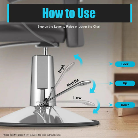Barber Chair Hydraulic Pump Replacement for Most Styling Chairs shown with height adjustment lever and instructions.