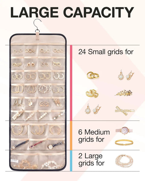 Premium Hanging Jewelry Organizer Roll With Durable Wave Shaped Hooks Holds Forty Two Chains Earrings And Rings For Quick Travel Access Black Gonna Keep Your Bling Completely Locked Down