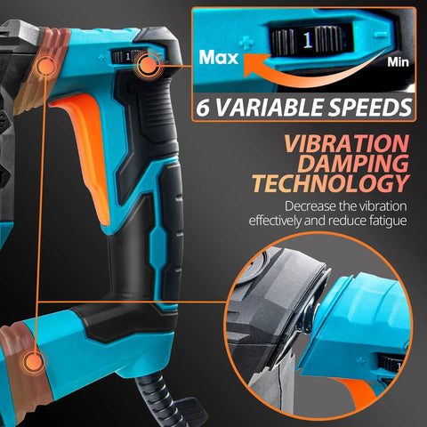 Close-up of Built Tough 1-1/4 Inch SDS Plus Rotary Hammer Drill, 1500W Power showcasing 6 variable speeds and vibration damping features.