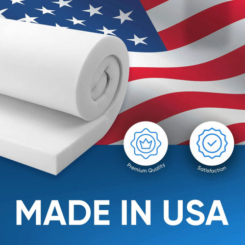 Heavy Duty High Density Foam Upholstery Seat Cushion 4 Inch Thick By 24 Inch Wide By 72 Inch Long For Home Or Commercial Use Made In USA Built Tough For Daily Comfort And Long Lasting Performance with USA flag background.
