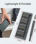 Compact 25 In 1 Magnetic Precision Screwdriver Set For Phones Laptops PCs PS5 Controllers Switches etc, shown in pocket-sized case.