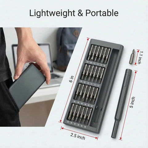 Compact 25 In 1 Magnetic Precision Screwdriver Set For Phones Laptops PCs PS5 Controllers Switches etc, shown in pocket-sized case.
