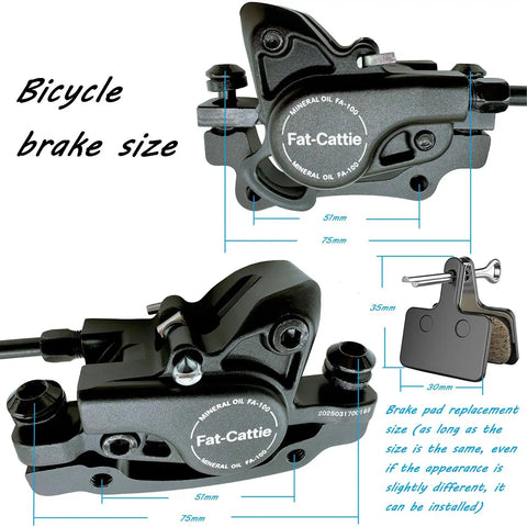 MBT Hydraulic Disc Brake Set detailed view, black caliper with dimensions and brake pad size guide, rock solid build.