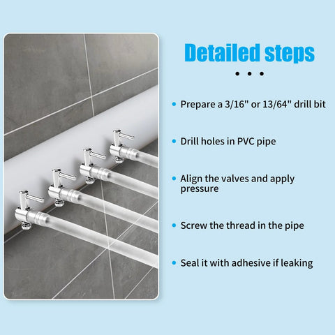AQUANEAT aquarium 1-way thread valves on a white PVC pipe manifold; chrome finish with five valves visible