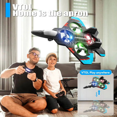 Father and son playing with V32 Foam Remote Control Airplane With Light 360 Degree Flip Fighter Jet For Kids And Adults RC Plane indoors.