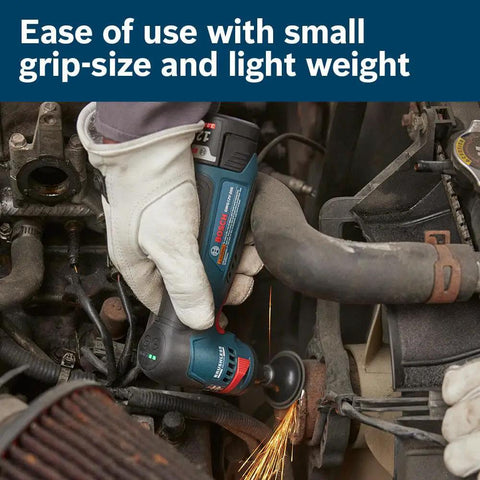 Compact 12 Volt Max Brushless Right Angle Die Grinder With Variable Speed Trigger And Five Speed Options used for detailed grinding in tight spaces.