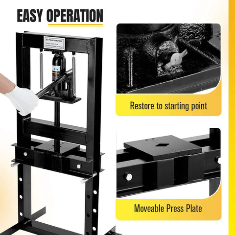 Beefy 6 Ton Hydraulic Press H-Frame Shop Press With Adjustable Height Work Table And 2 Press Plates Heavy Duty Floor Mount shown.