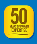 Logo featuring 50 Years of Proven Expertise in bold text on a yellow background with blue accents.